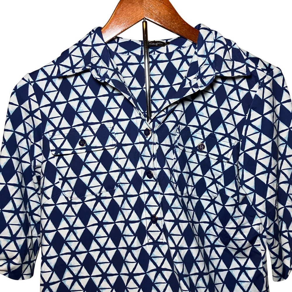 J.McLaughlin Shirt Dress Women S Navy White Geometric Triangle Roll Tab Sleeve - Picture 2 of 11